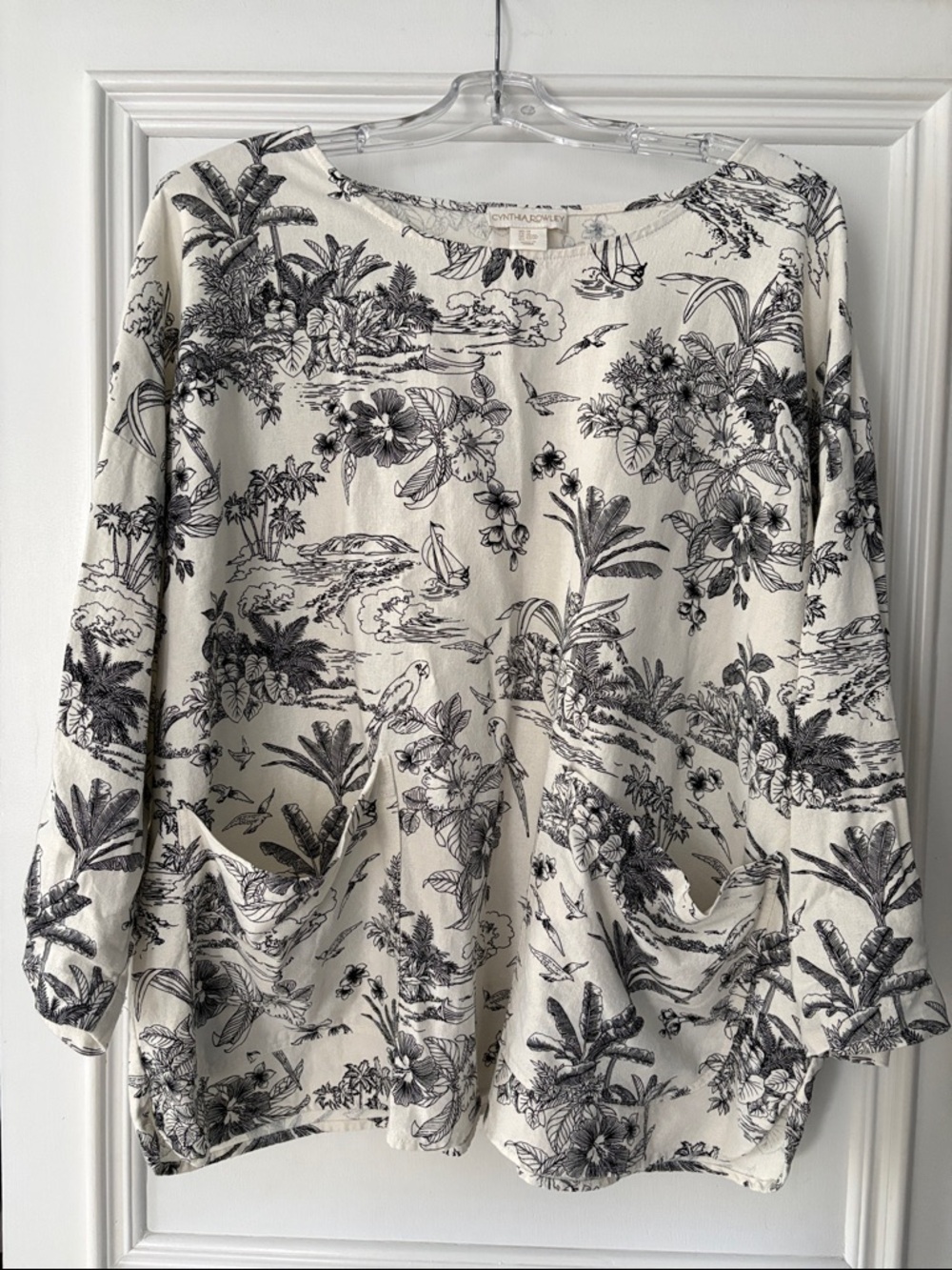 Cynthia Rowley Ivory Top with Black Tropical Sketch Print